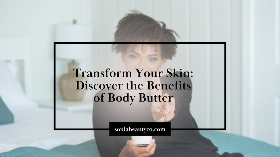 Ebony holding up body butter in her hand in the background to demonstrate the blog post title of Transform your skin discover the benefits of body butter.